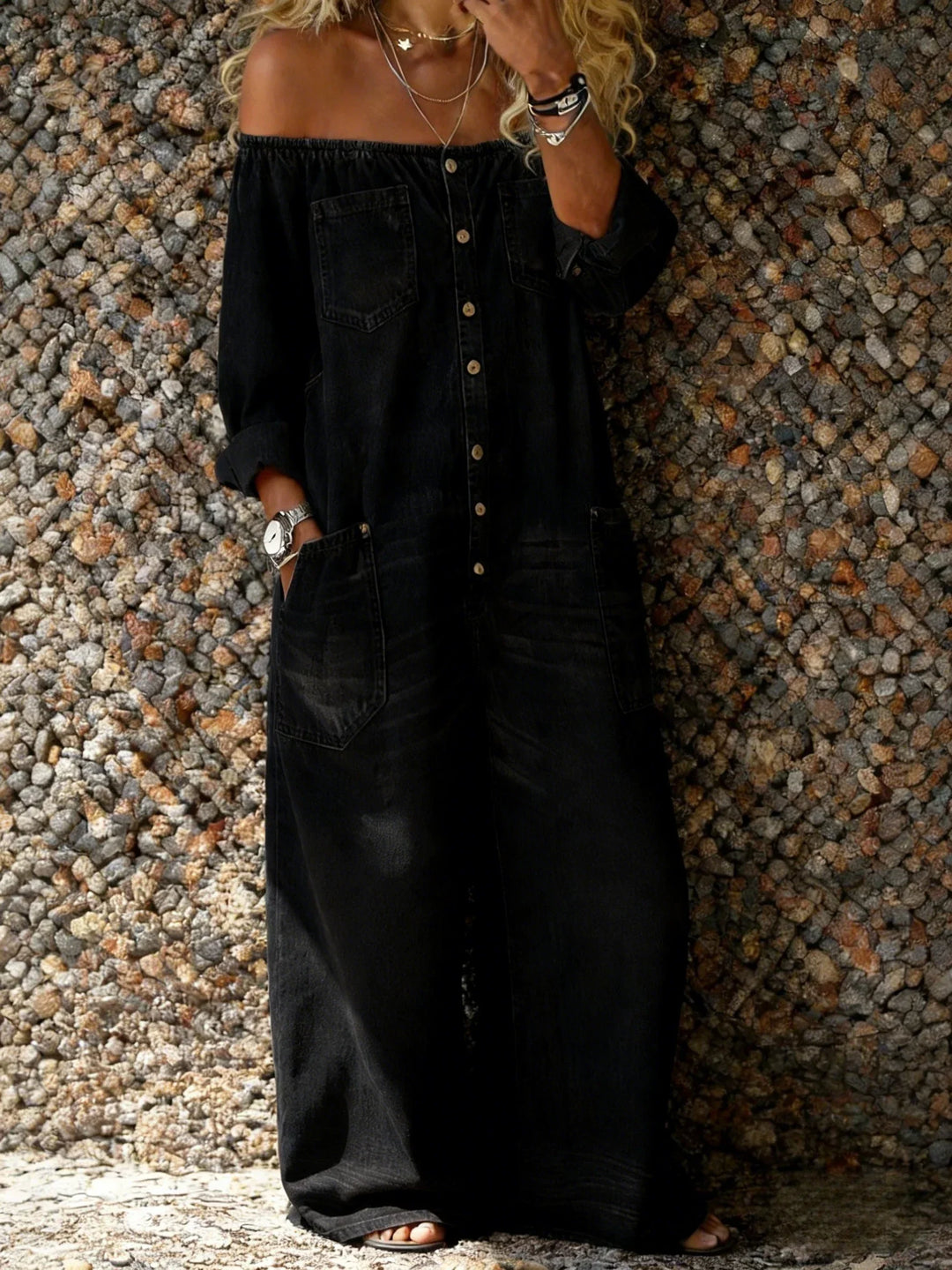 Noa | Denim Jumpsuit with Off-Shoulder Neckline