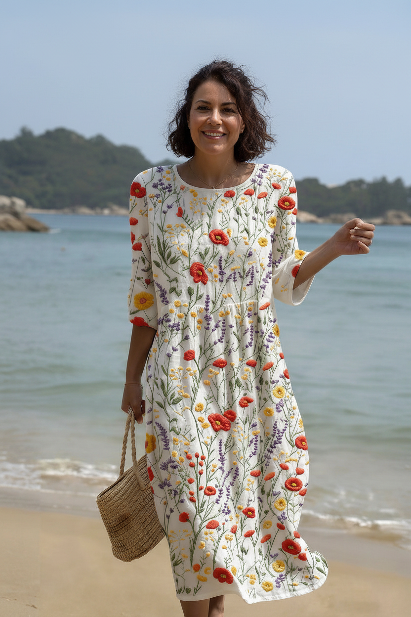 Precious | Maxi Dress with Round Neck and Floral Embroidery