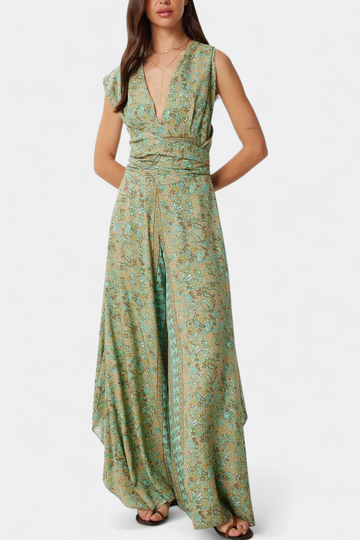 Leandra | Cross-Over Fluid Jumpsuit with Green Floral Print