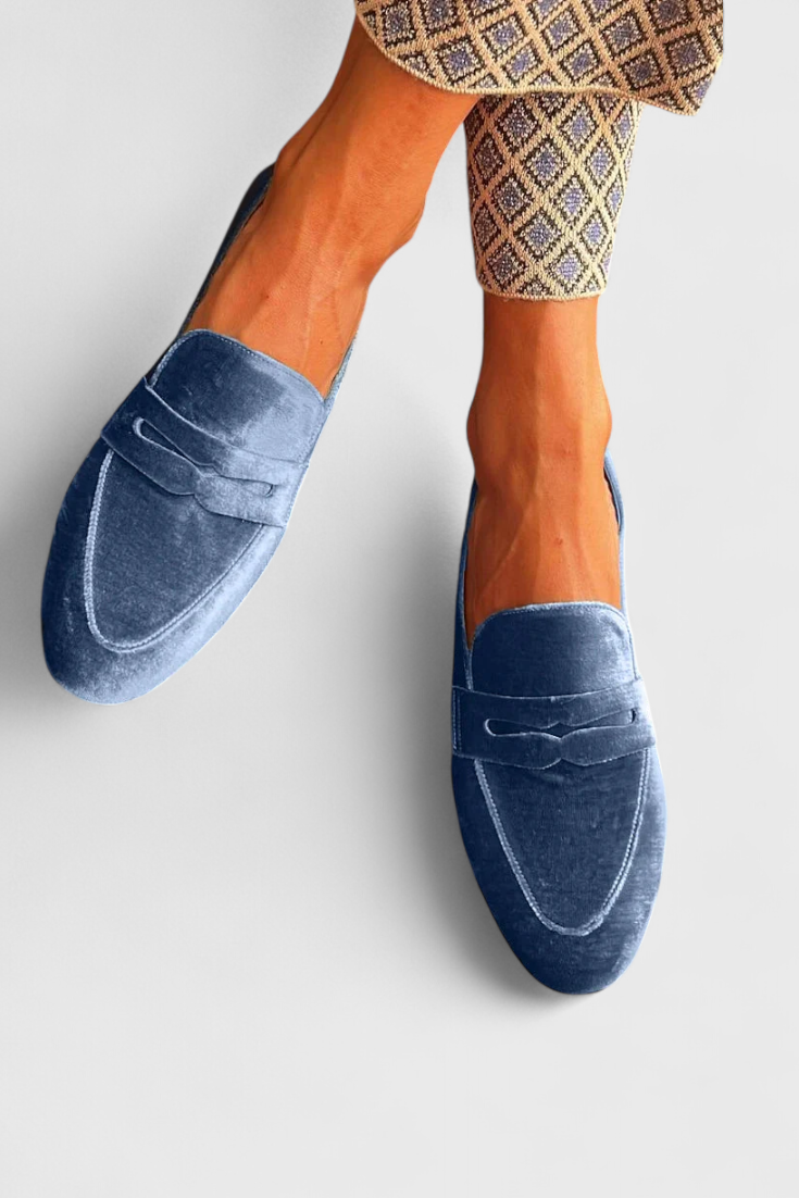 Llnica | Velvet Blue Loafers with Patchwork Detail and Round Toe