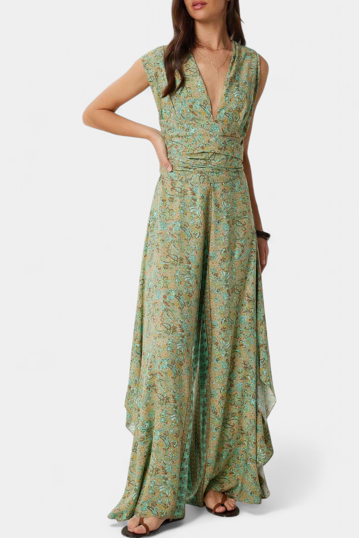 Leandra | Cross-Over Fluid Jumpsuit with Green Floral Print
