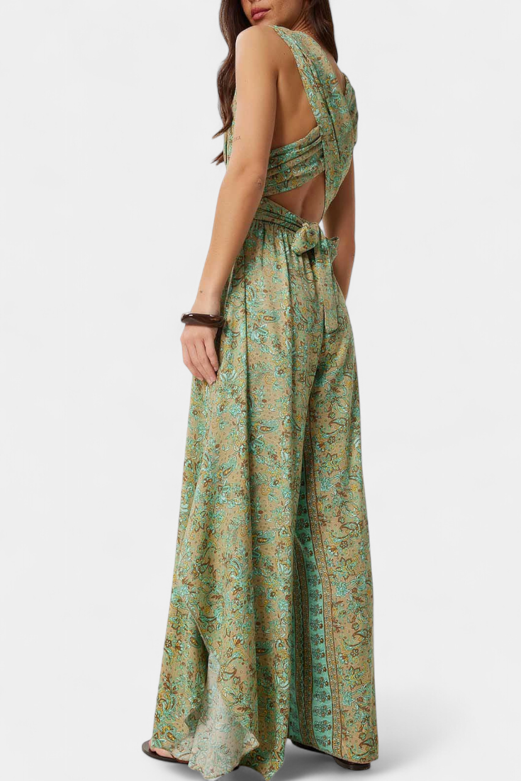 Leandra | Cross-Over Fluid Jumpsuit with Green Floral Print