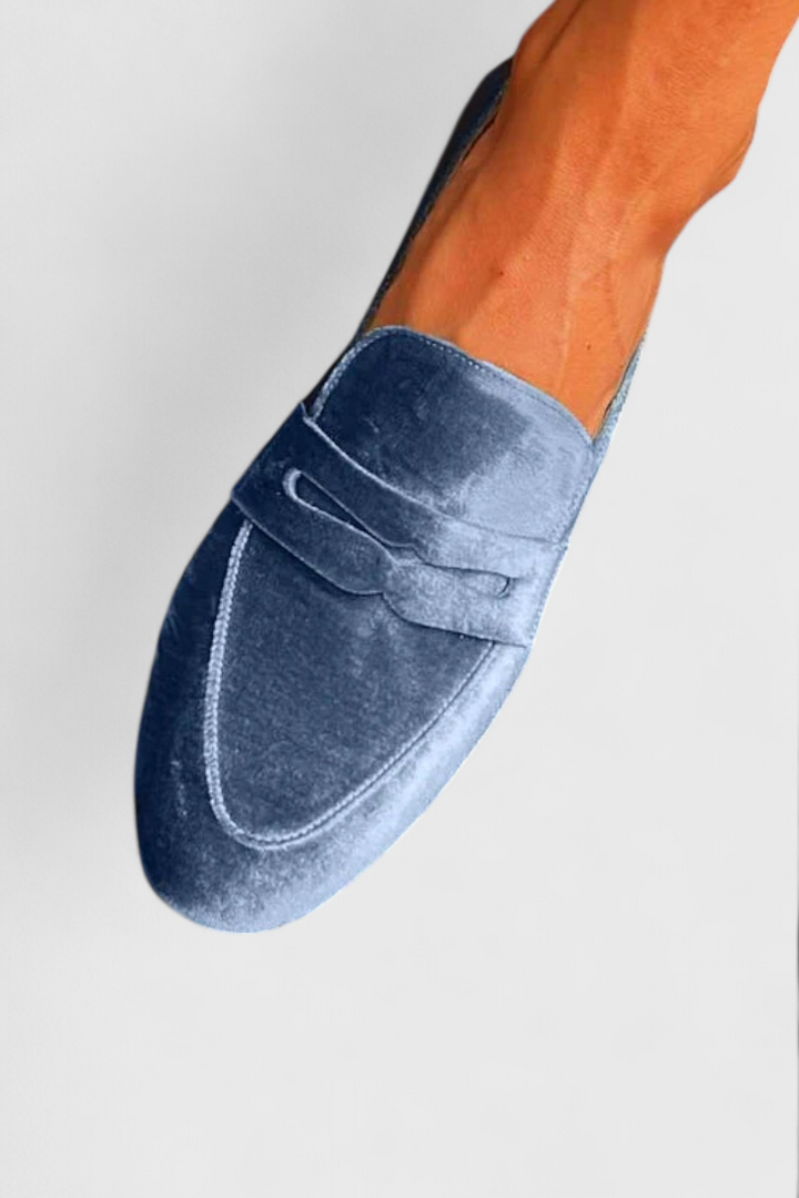 Llnica | Velvet Blue Loafers with Patchwork Detail and Round Toe