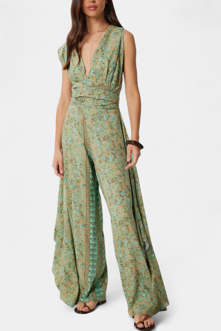Leandra | Cross-Over Fluid Jumpsuit with Green Floral Print