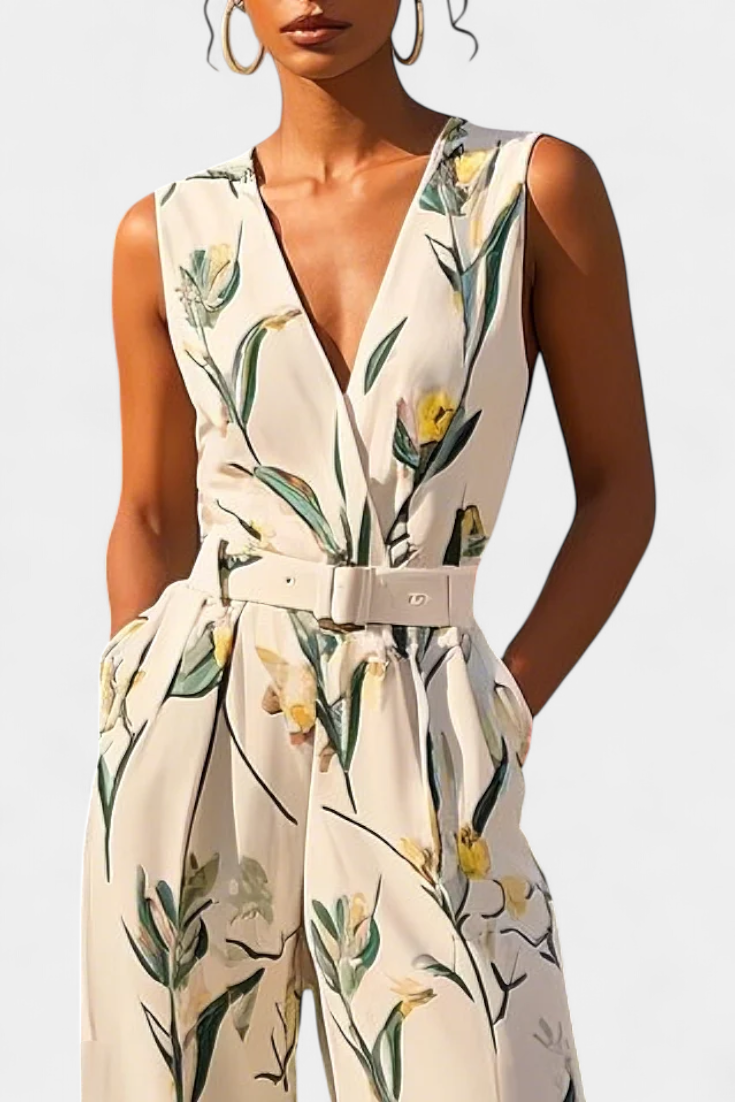 Slara | Long Vacation Jumpsuit with V-Neck and Adjustable Belt