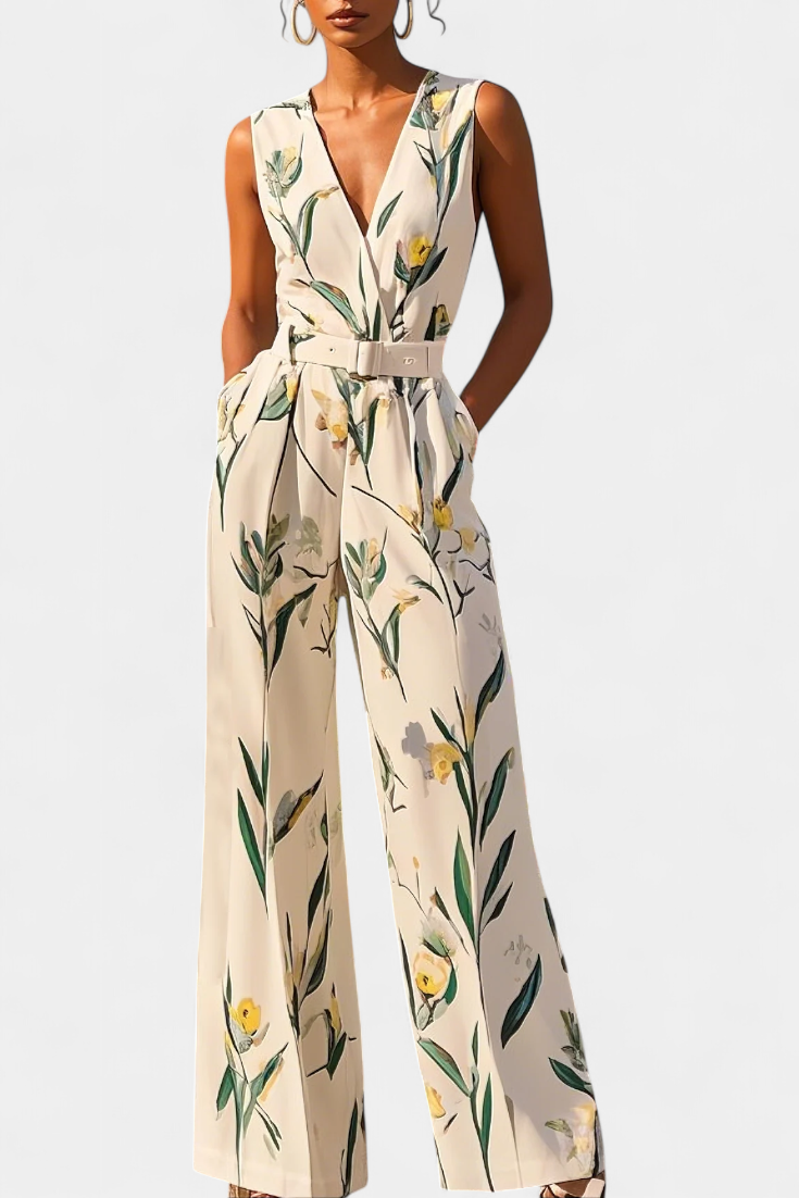 Slara | Long Vacation Jumpsuit with V-Neck and Adjustable Belt