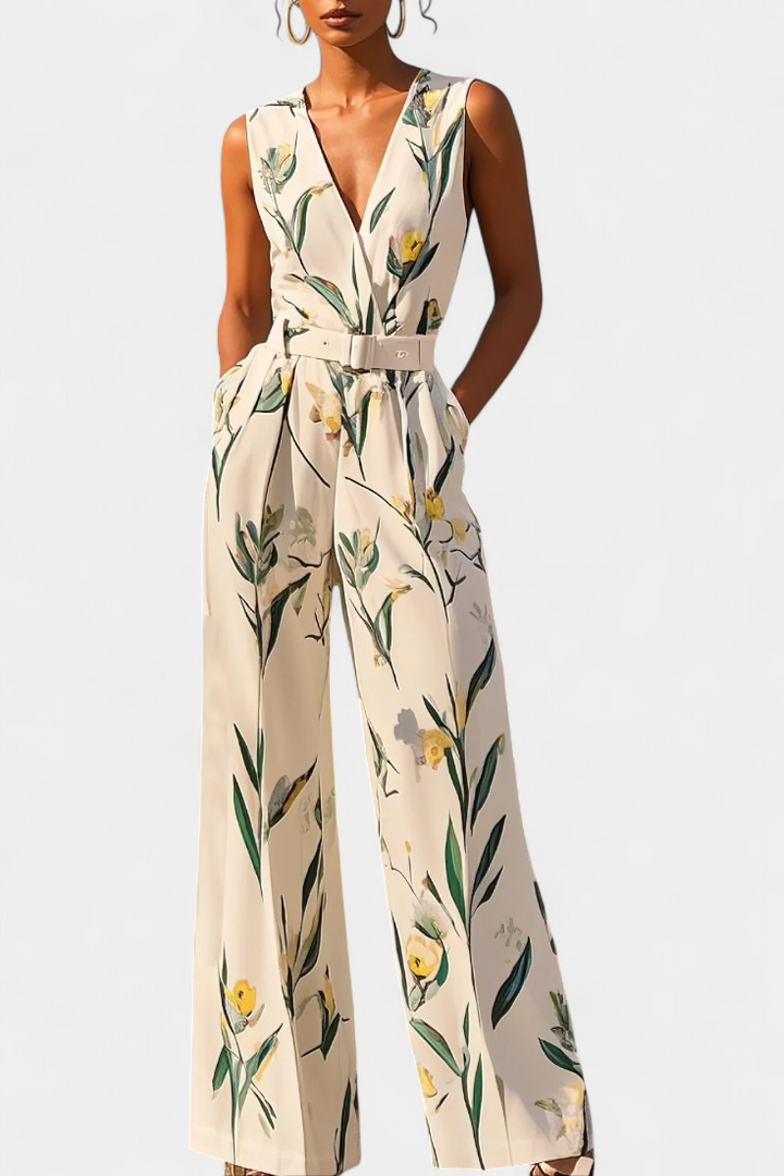 Slara | Long Vacation Jumpsuit with V-Neck and Adjustable Belt
