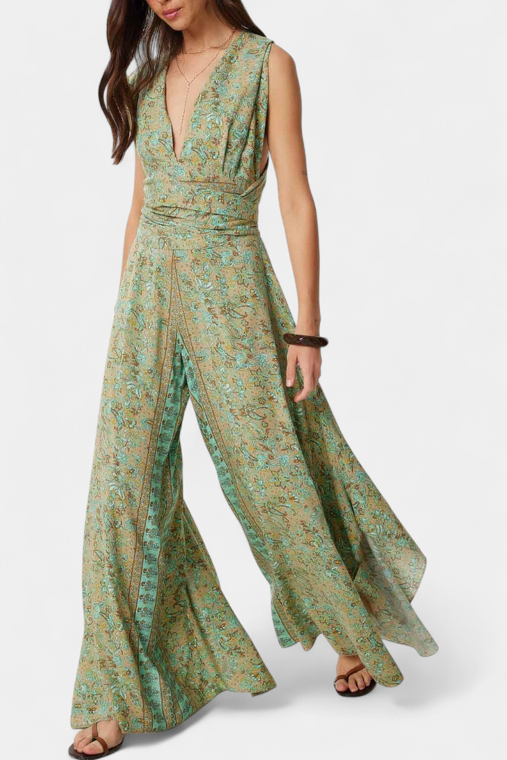 Leandra | Cross-Over Fluid Jumpsuit with Green Floral Print