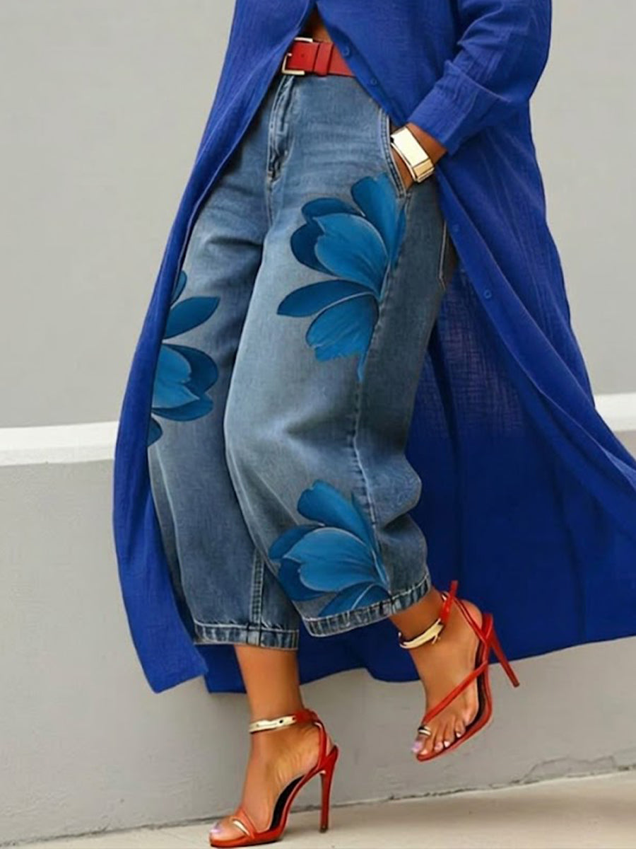 Amalia | Casual Jeans with Artistic Blue Print