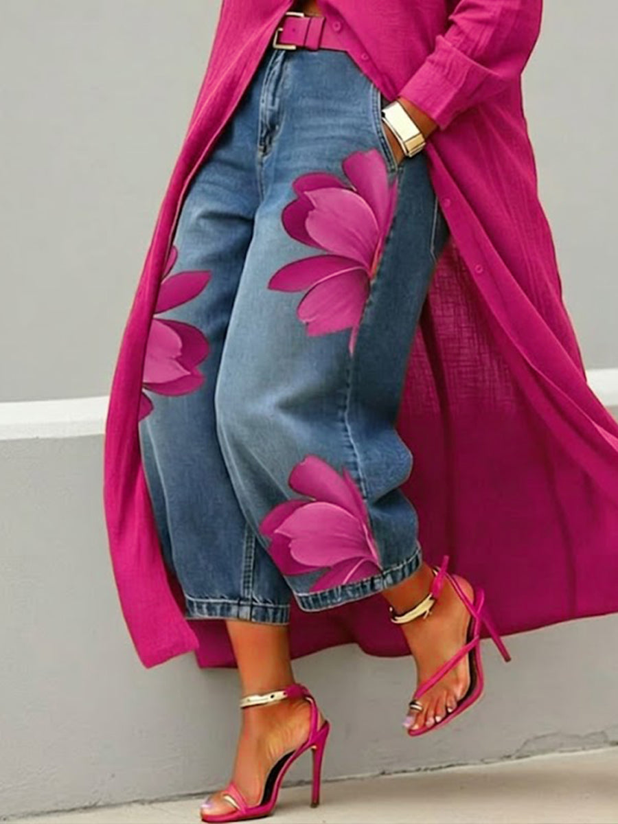 Amalia | Casual Jeans with Artistic Pink Print