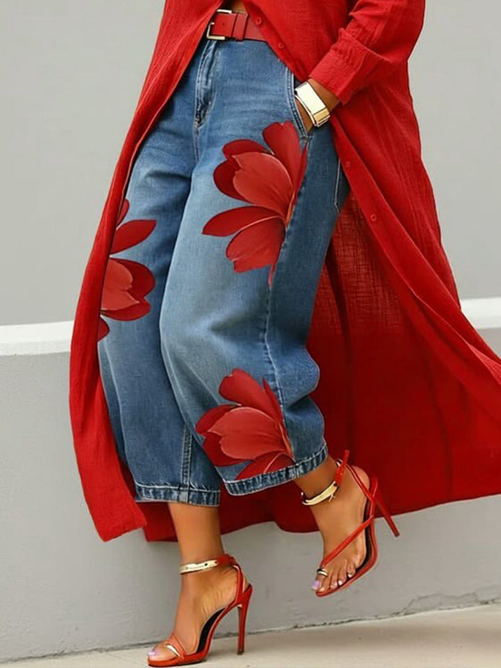 Amalia | Casual Jeans with Red Artistic Print