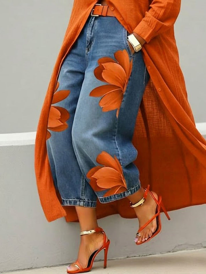 Amalia | Casual Jeans with Artistic Orange Print
