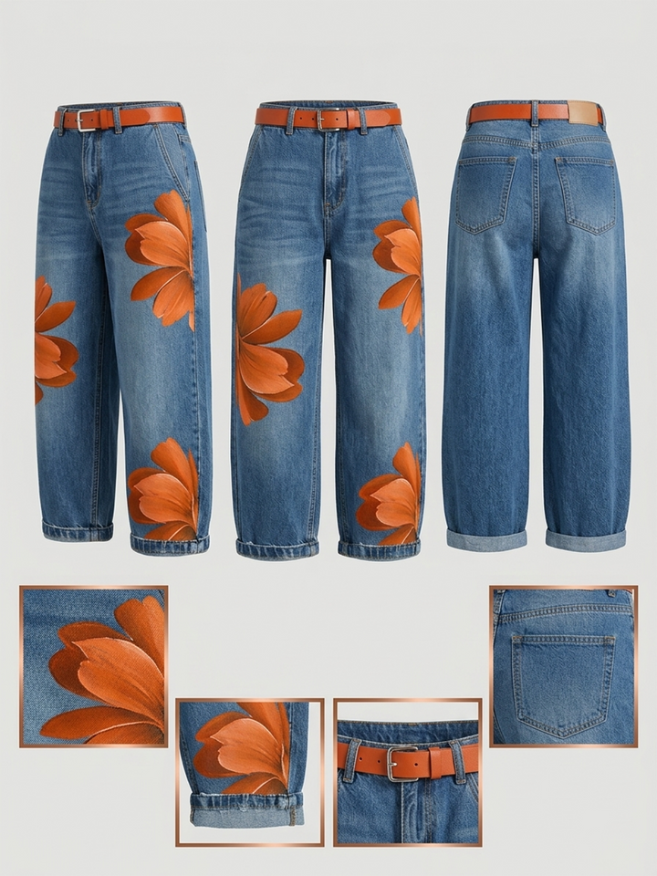 Amalia | Casual Jeans with Artistic Orange Print